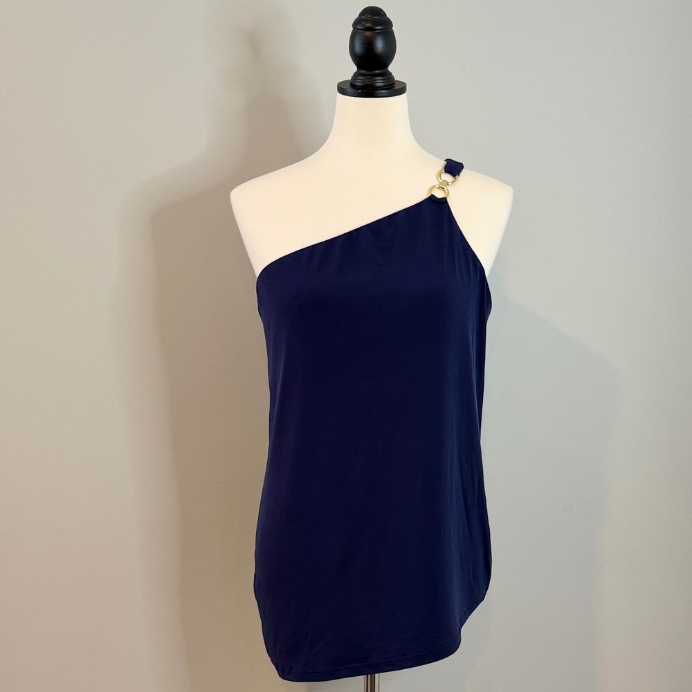 Michael Kors Women's Blue One Shoulder Tank Top Medium Gold Ring Detail
